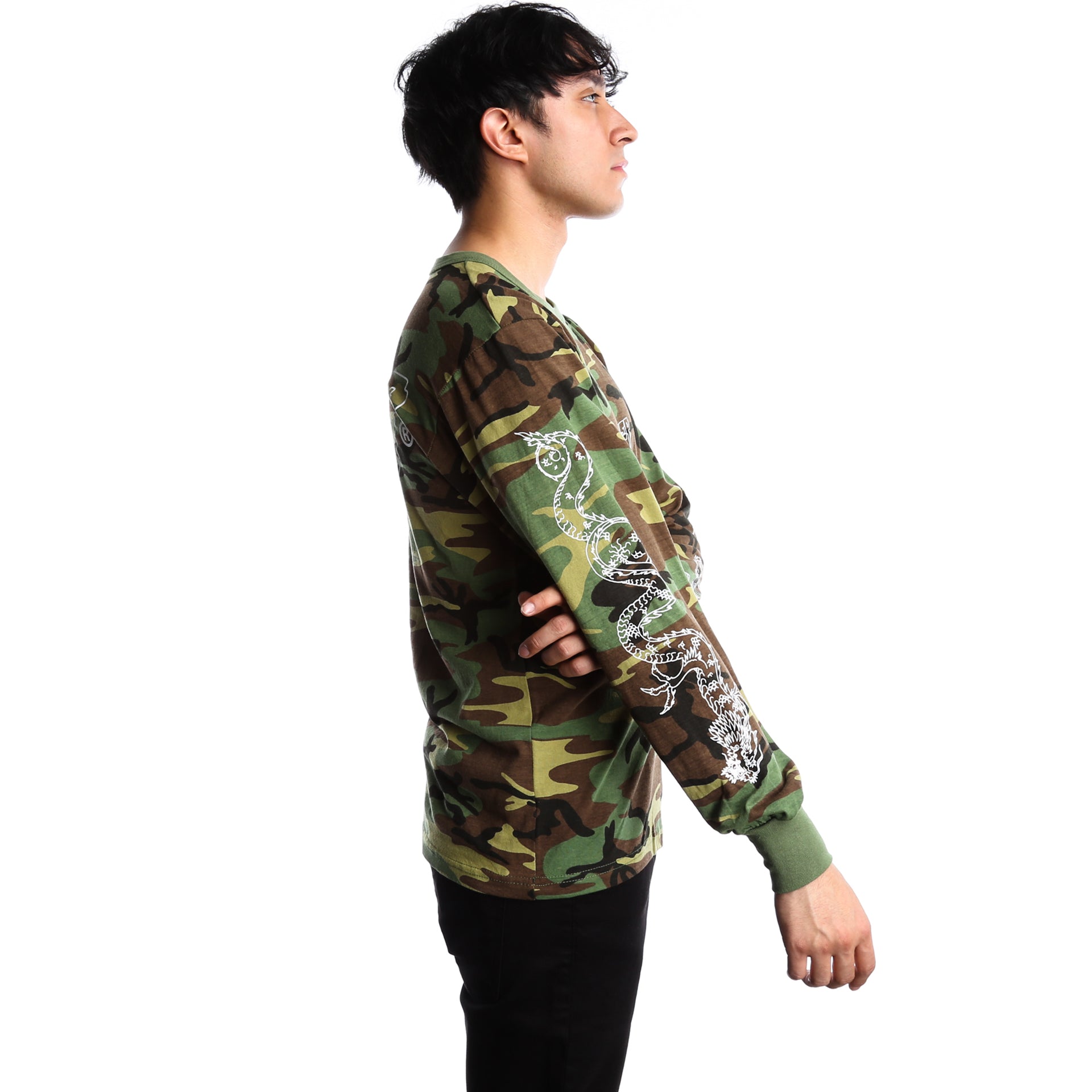 10 Deep Dragon Kanji Long Sleeve T-Shirt - Woodland Camo Print Streetwear for Men | Urban Fashion & Casual Wear