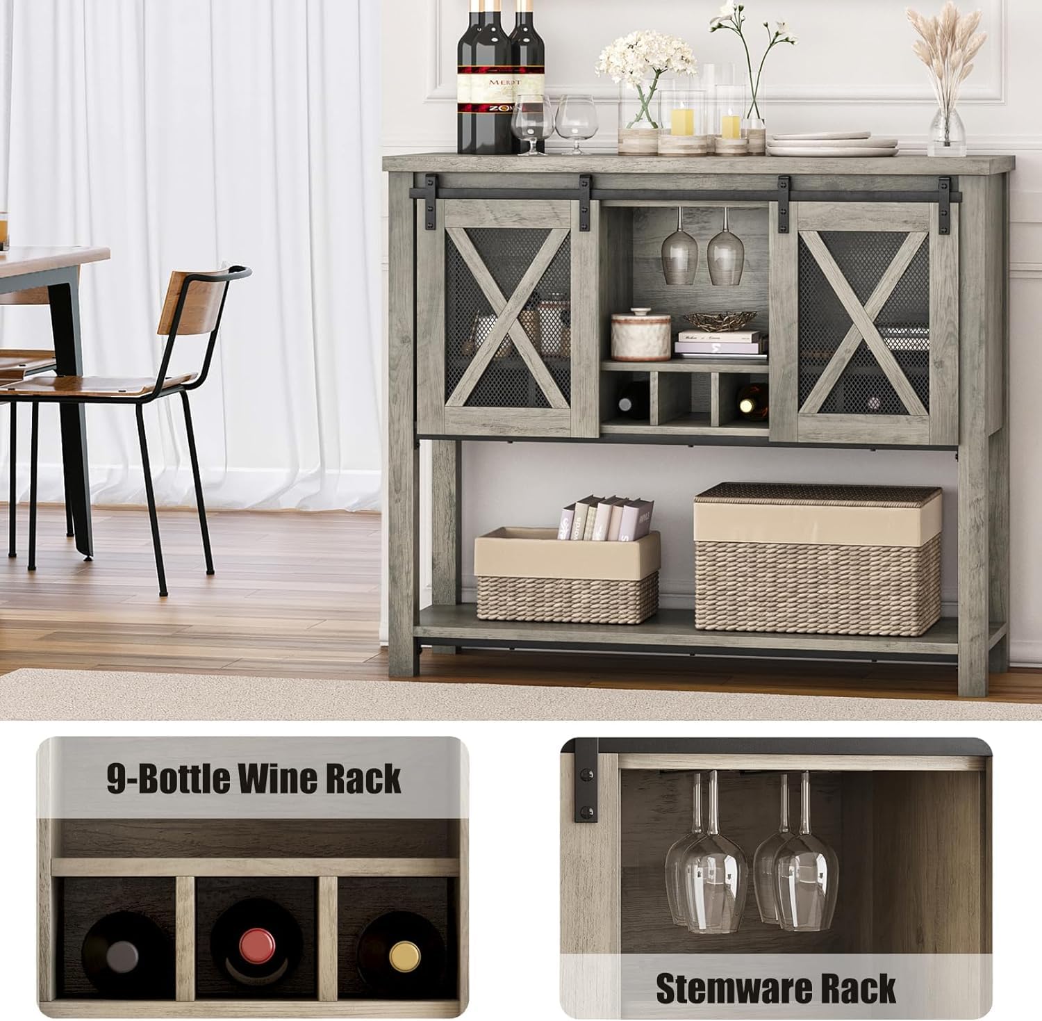 IDEALHOUSE Farmhouse Coffee Bar Cabinet with Sliding Barn Doors - Entryway Console Table with Storage, Wine Liquor Cabinet with Racks - Perfect for Kitchen, Hallway & Living Room - Gray Home Bar Furniture for Entertaining & Storage
