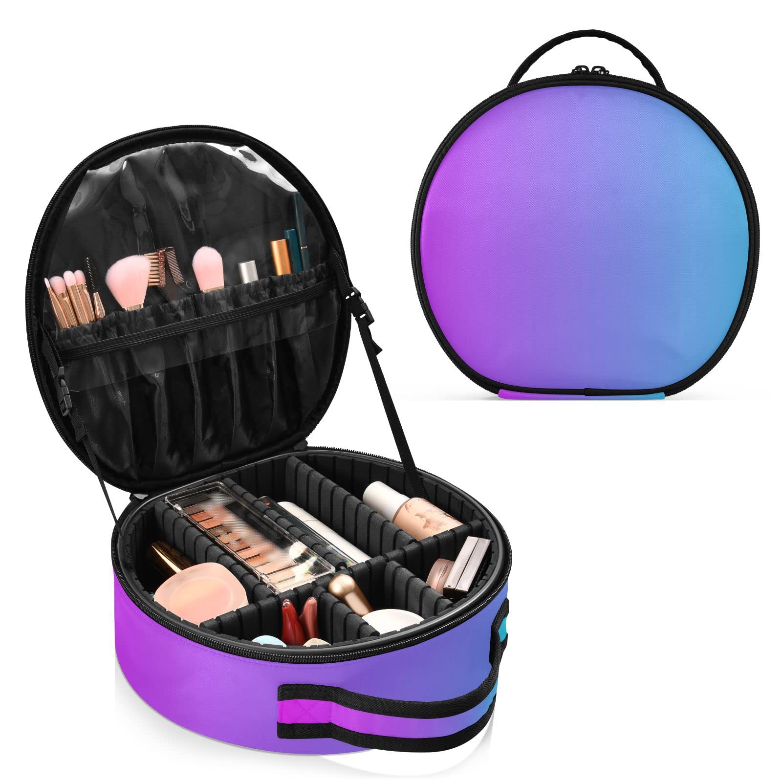 Linqin Travel Makeup Organizer - Portable Adjustable Makeup Bag for Women with Dividers, Blue Purple Gradient Cosmetic Case for Jewelry, Brushes & Toiletries | Perfect for Travel, Home Storage & On-the-Go Organization