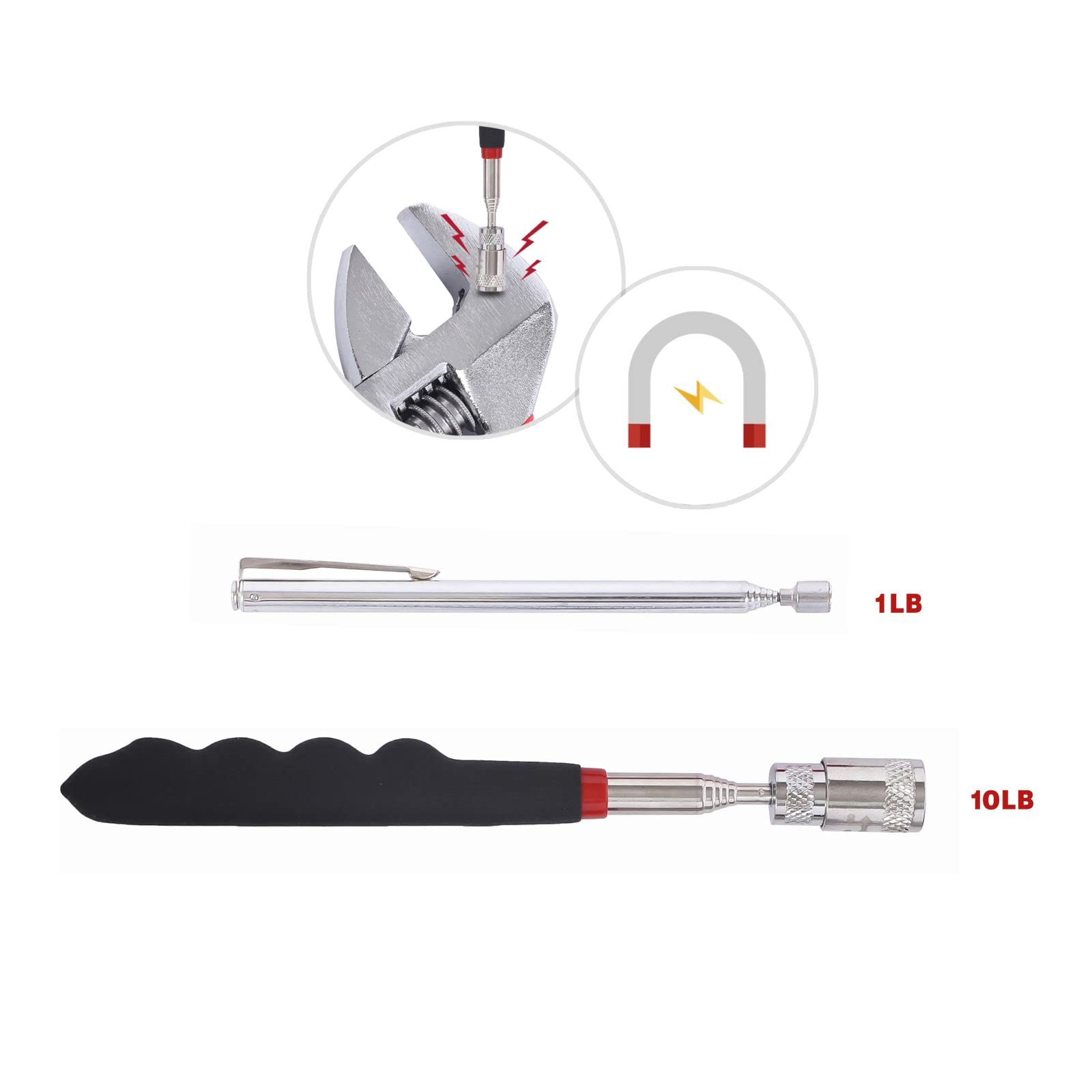 5-Piece Magnetic Pick Up Tool Kit with 1lb & 10lb Pick Up Rods, 360° Swivel Adjustable Inspection Mirror & Flexible LED Flashlight - Telescopic Magnetic Grabber for Automotive Repair, Construction & Home Maintenance