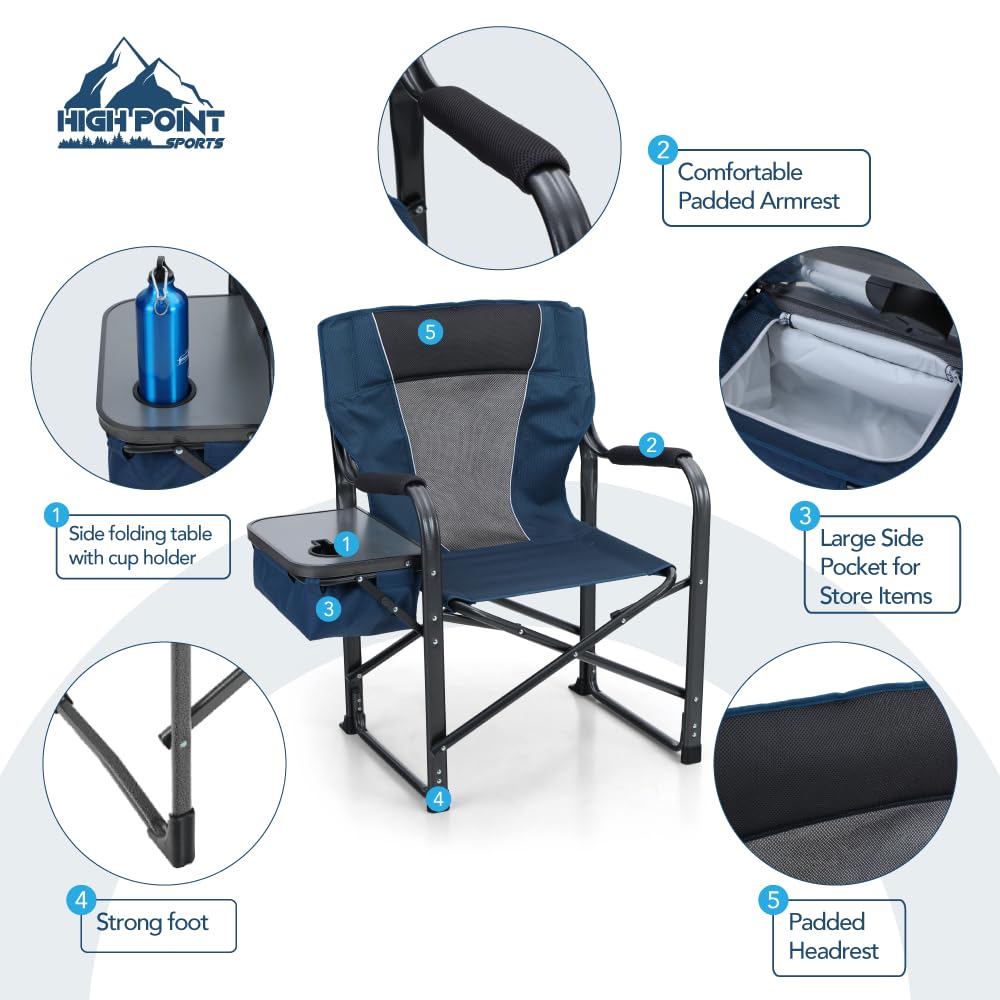 Heavy Duty Folding Camping Chair with Side Table - 350 lbs Capacity Portable Outdoor Director Chair for Adults, Navy - Perfect for Camping, Backyard, Beach & Picnic Use