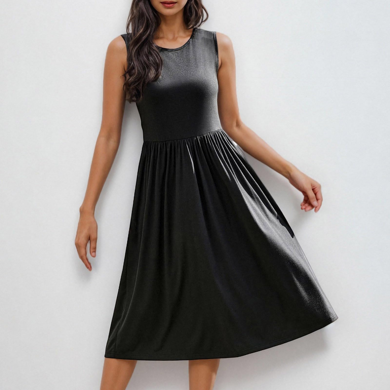 2025 Women's Boho Floral Sleeveless Midi Dress - Spring Summer Casual Tie Waist Pleated Flowy Dress with Pockets | Perfect for Beach Vacations, Date Nights & Outdoor Parties