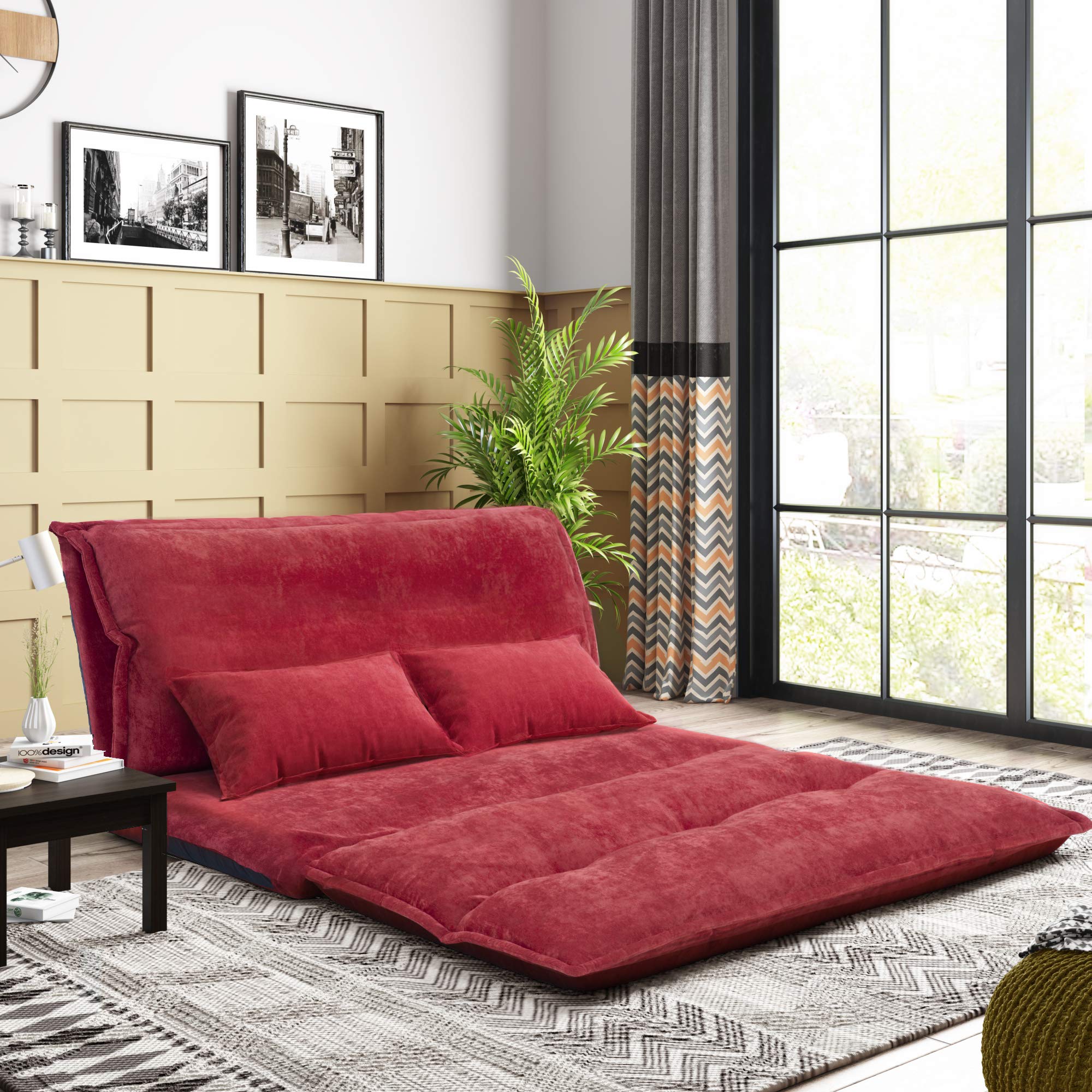 Adjustable Lazy Sofa Bed - Modern Floor Sofa for Gaming & Leisure with 2 Pillows - Polyester Red - Perfect for Living Room, Bedroom & Small Spaces