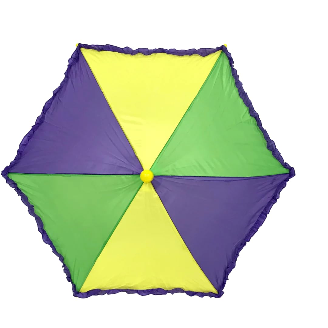 Elegant Green and Gold Umbrella with Purple Ruffle 14.5 Inch - Perfect for Mardi Gras Party Decorations, Carnival Themed Events, and Festive Home Decor