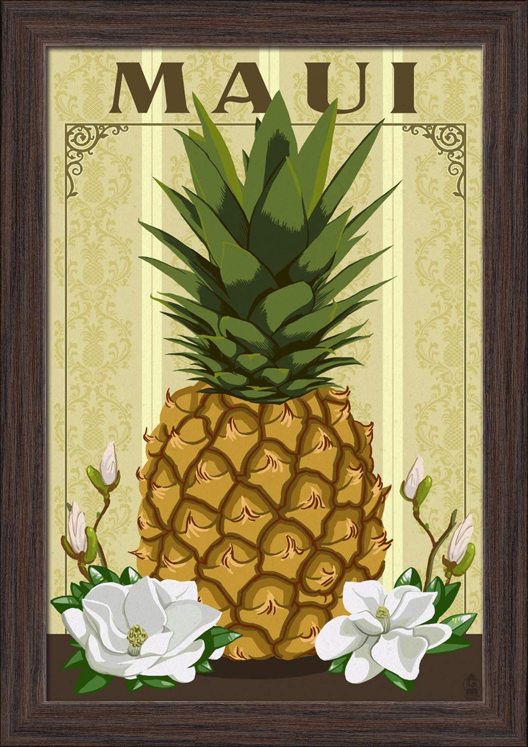 12x18 Maui Colonial Pineapple Giclee Fine Art Print - Recycled Wood Frame in Espresso Brown - Perfect for Home, Office & Coastal Decor