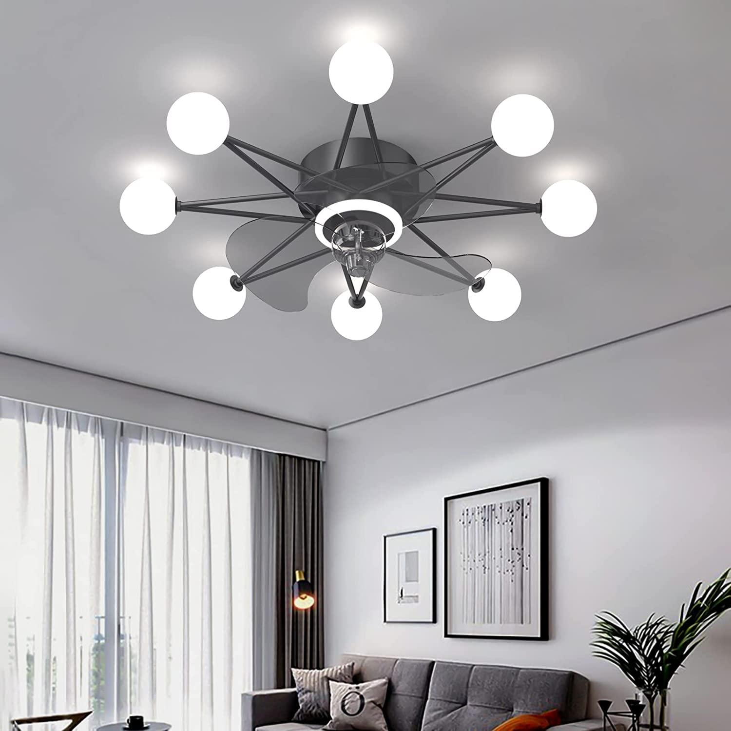 Modern 8-Light Ceiling Fan with Remote Control - DC Motor, Stealth Reversible 3 Blades, Dimmable Chandelier Lighting - 6 Speed Adjustable for Bedroom, Living Room, Nursery (Black, Size B) - Perfect for Home Cooling and Stylish Interior Decor