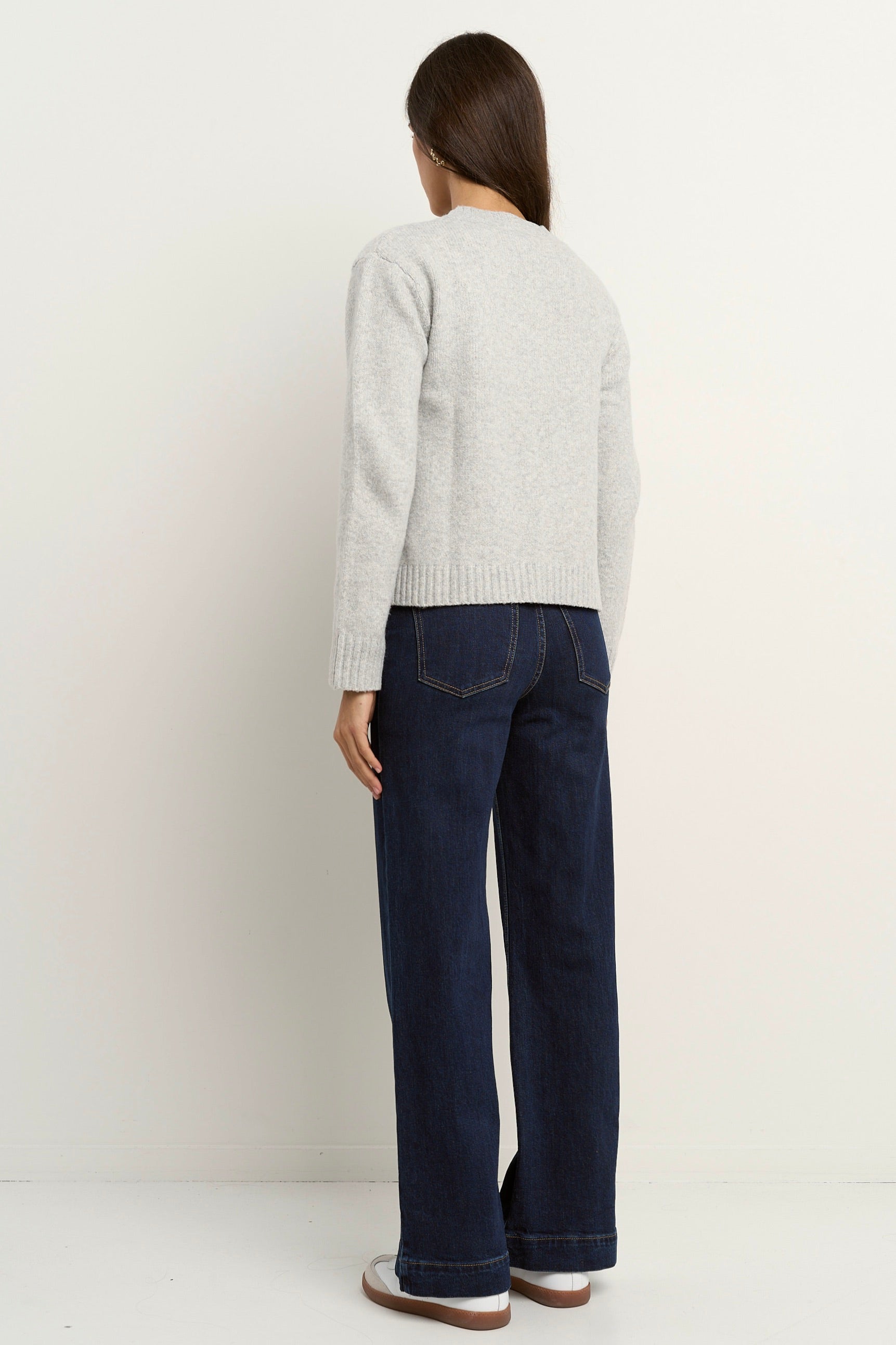 Crest Light Grey Marble Crewneck Cardigan for Women - Soft Knit Sweater for Casual Wear, Office Outfits & Fall Layering