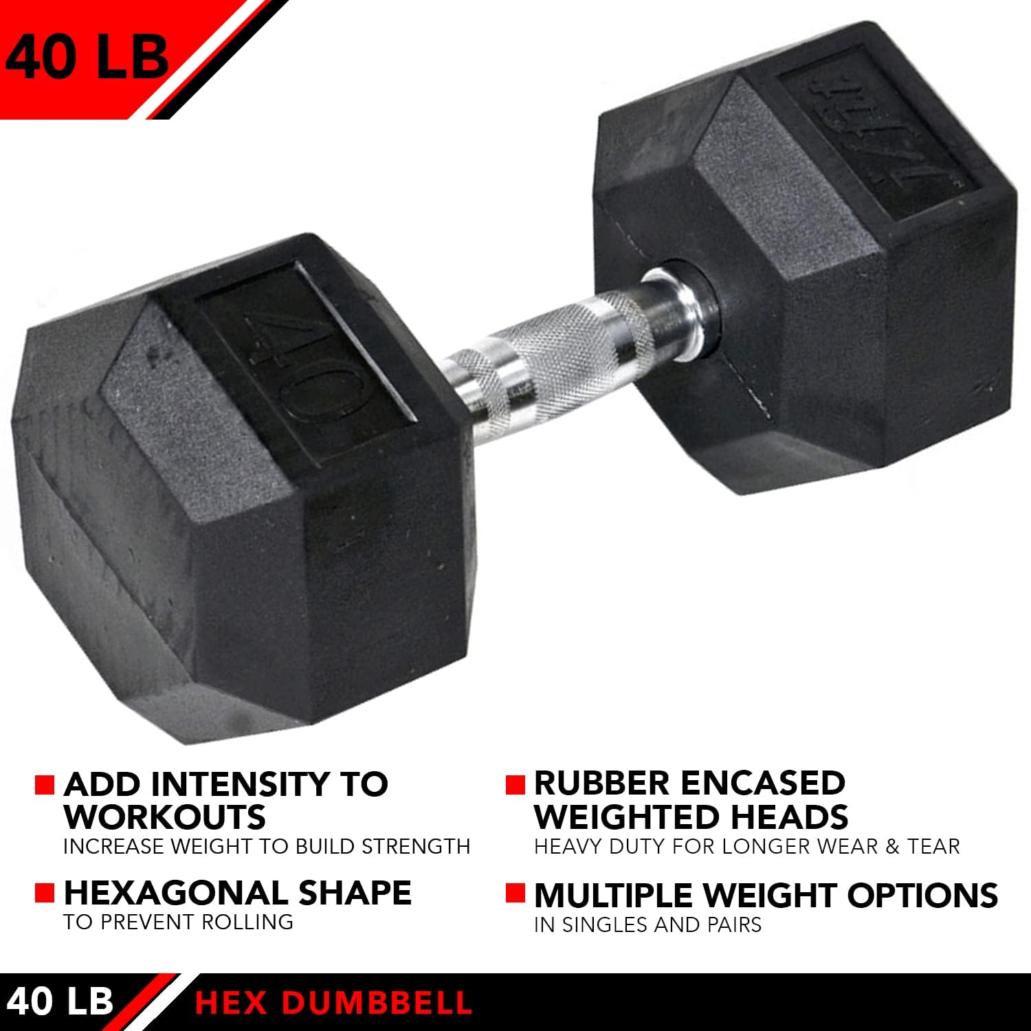 JFIT Rubber Hex Dumbbell Set - 15 Sizes (4-50lbs) with Single/Pair Options - Non-Rolling Hexagonal Design for Safe Strength Training - Perfect for Home Gym, CrossFit, Physical Therapy & Muscle Building