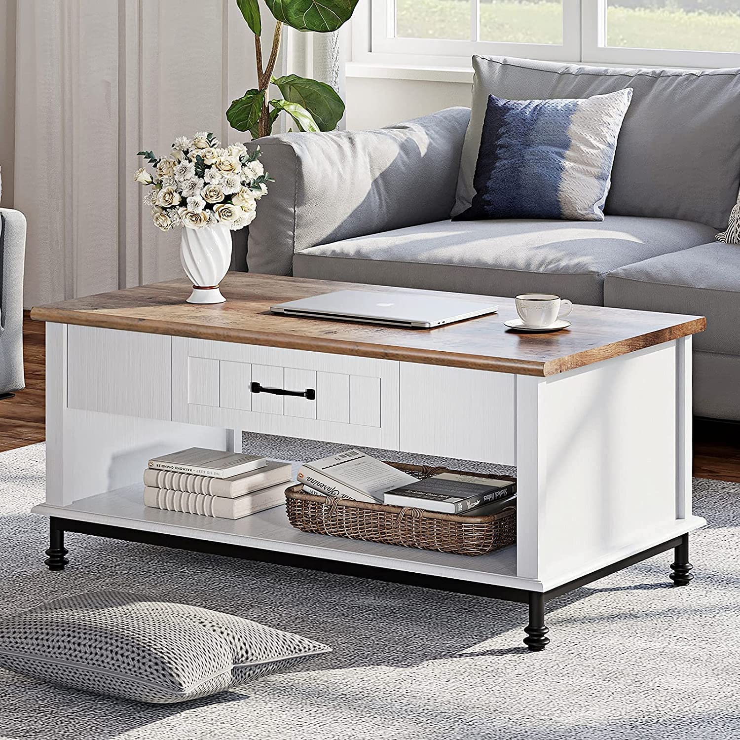 WAMPAT 42 Inch White Modern Coffee Table with Drawer & Open Shelf - Rectangle Living Room Center Table with Metal Legs | Perfect for Small Spaces, Apartments & Home Decor