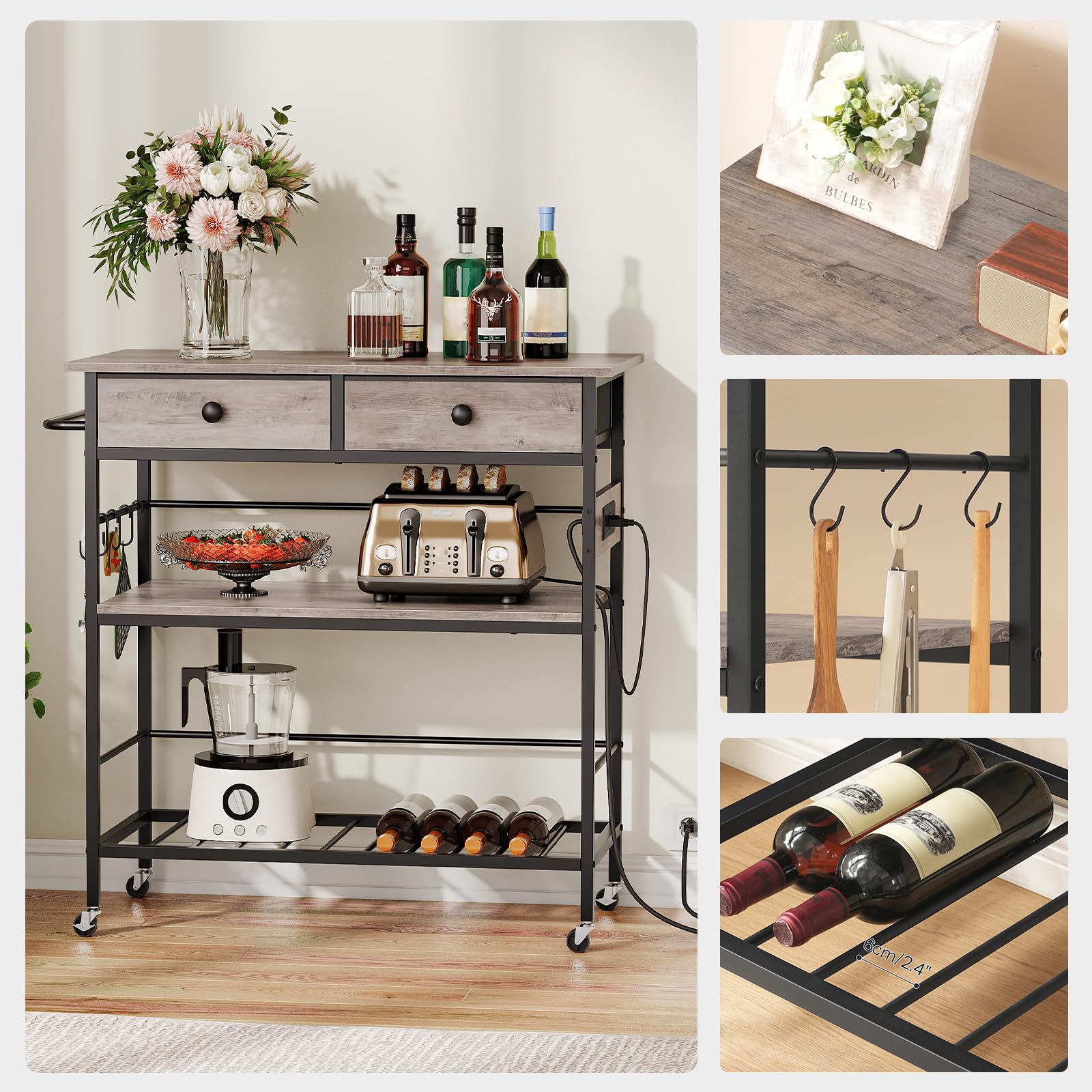 HOOBRO 3-Tier Kitchen Island Cart with Storage, 2 Drawers & Power Outlet - Mobile Coffee Station, Microwave Stand & Work Table for Small Spaces - Greige & Black (BG08UZD01) - Perfect for Apartments, Dorms & Compact Kitchens