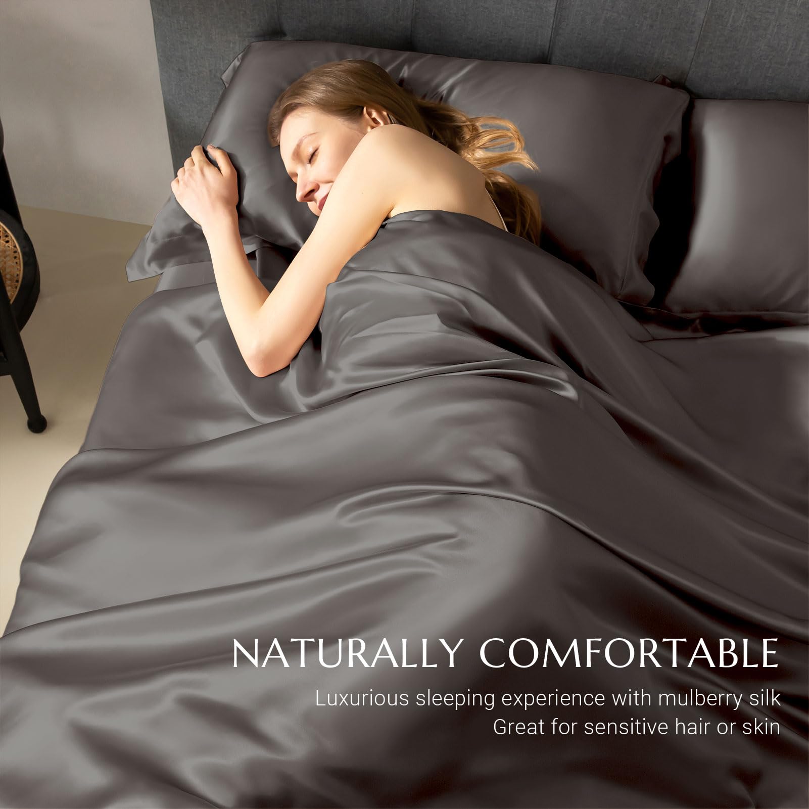 THXSILK 100% 7A+ Grade Mulberry Silk Duvet Cover - Breathable & Seamless Luxury Bedding with Zipper Closure (Twin Size, Charcoal) for Ultimate Comfort in Hotels, Guest Rooms & Master Bedrooms