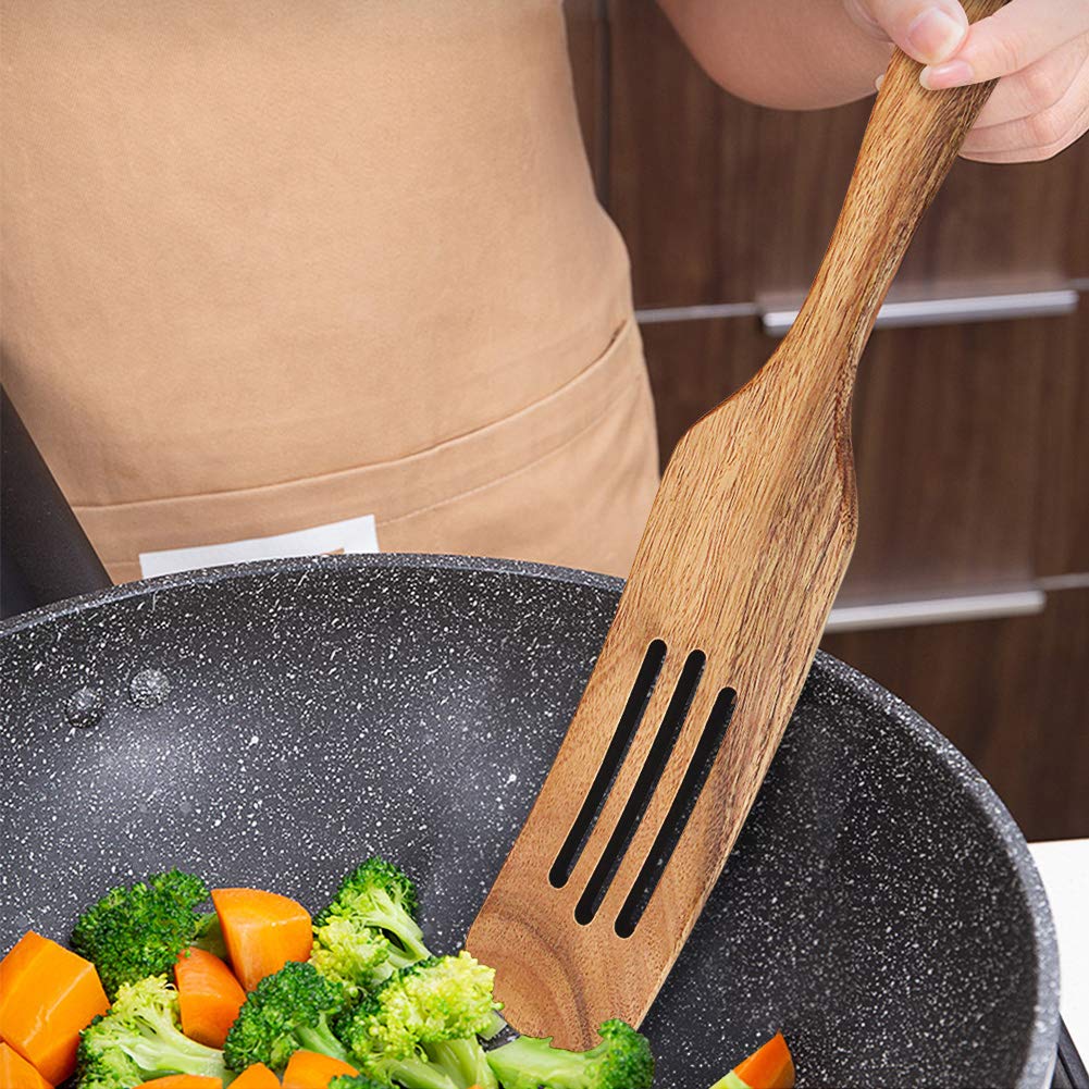 AOOSY 5-Piece Natural Acacia Wood Cooking Utensil Set - Wooden Spatula, Spurtle & Heat-Resistant Non-Stick Kitchen Tools for Stirring, Flipping & Serving - Perfect for Non-Stick Pans, Cooking Shows & Home Chefs