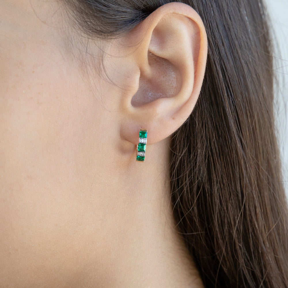 9ct Gold Created Emerald and Diamond Huggie Earrings for Women - Perfect for Weddings, Parties & Everyday Elegance
