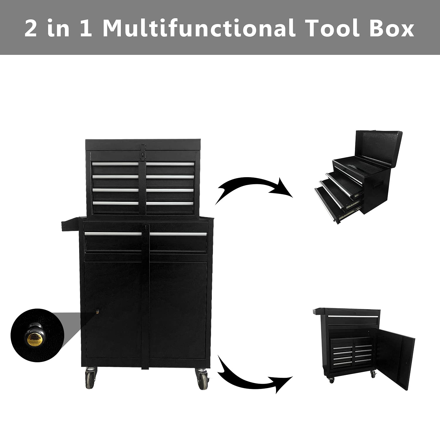 5-Drawer Rolling Tool Chest & Cabinet - Heavy Duty Garage Storage Organizer with Wheels & Lock, Portable Detachable Tool Box for Workshop, Warehouse, Auto Repair & Home DIY (Black)