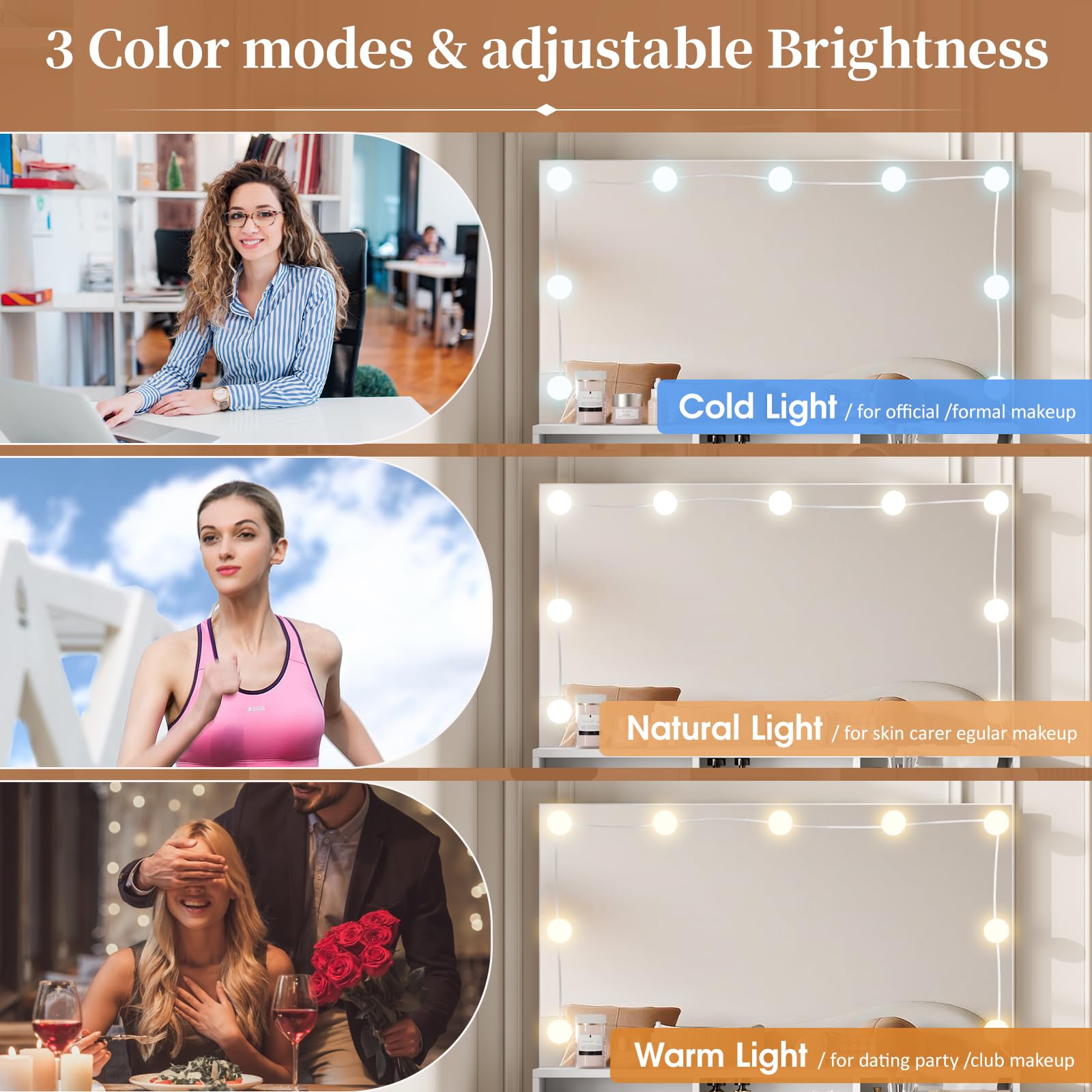 Vabches Makeup Vanity with Lighted Mirror & Power Outlet, White Vanity Set with 3 Adjustable Lighting Colors, Brightness Control, 31.5 Inch Wide Makeup Desk - Perfect for Bedroom, Dressing Room & Beauty Salon
