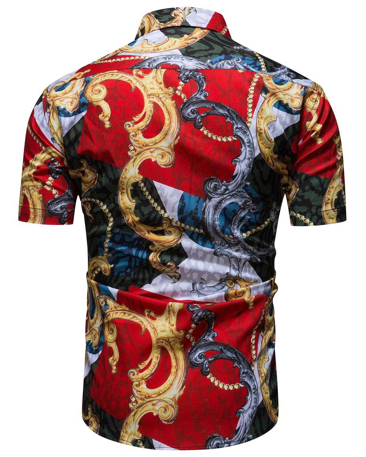 Luxury Men's Black & Gold Baroque Print Short Sleeve Dress Shirt - Chain Design Button Down Casual Shirt for Business, Party & Special Occasions