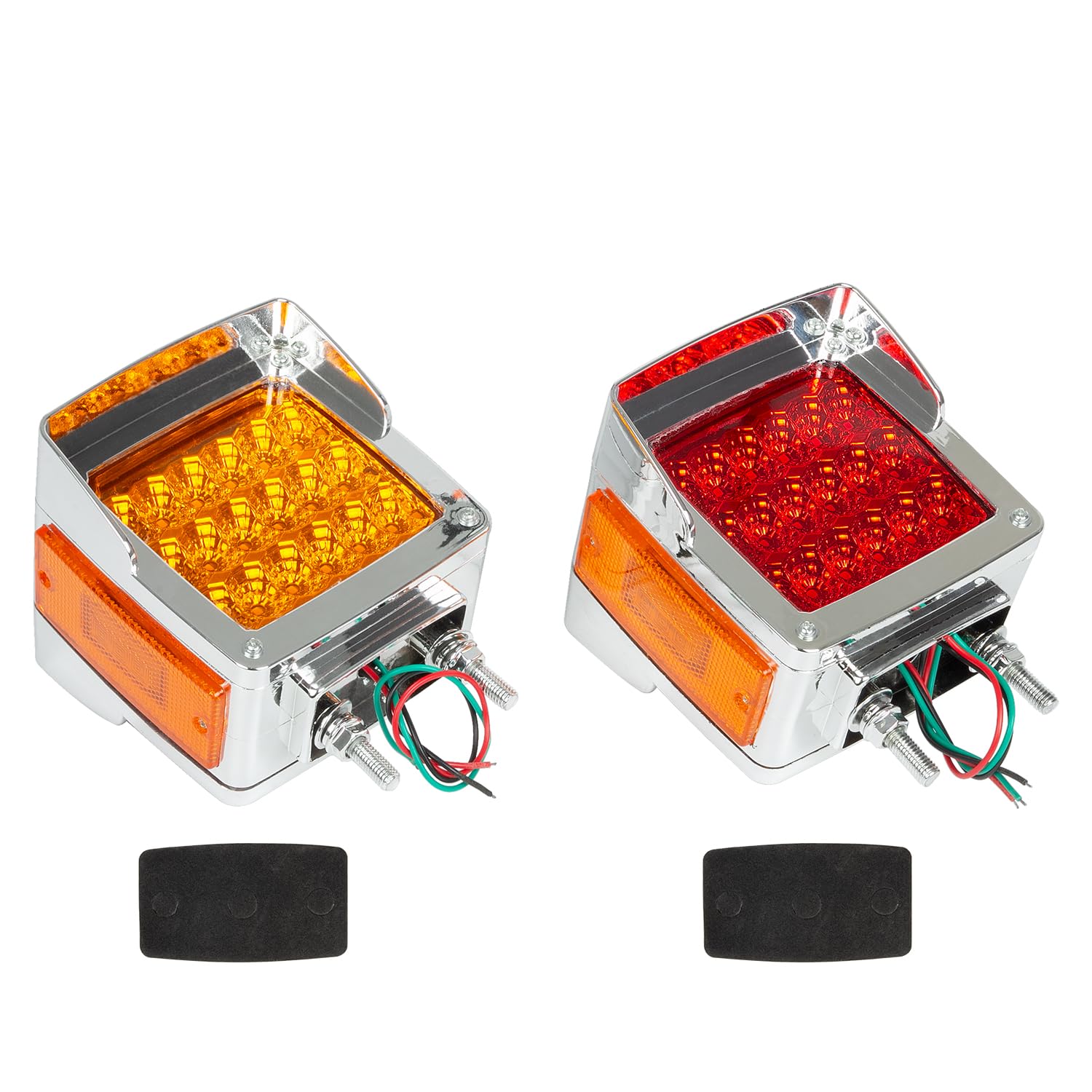 RANSOTO Chrome Square LED Side Marker & Turn Signal Lights - Double Face Red/Amber Pedestal Fender with Visor - Compatible with Peterbilt, Freightliner, International, Kenworth Trucks - Perfect for Semi Trailers, Heavy Duty Trucks & Commercial Vehicles