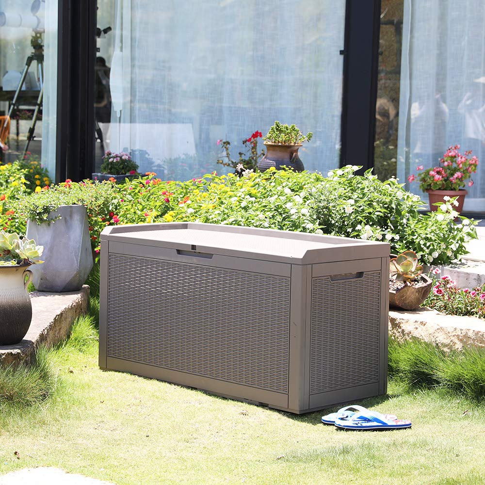 100 Gallon Polypropylene (PP) Deck Box - Waterproof, Lockable Storage Container for Indoor & Outdoor Use - Organize Patio Furniture, Pool Toys, Garden Tools - Gray with Cushion