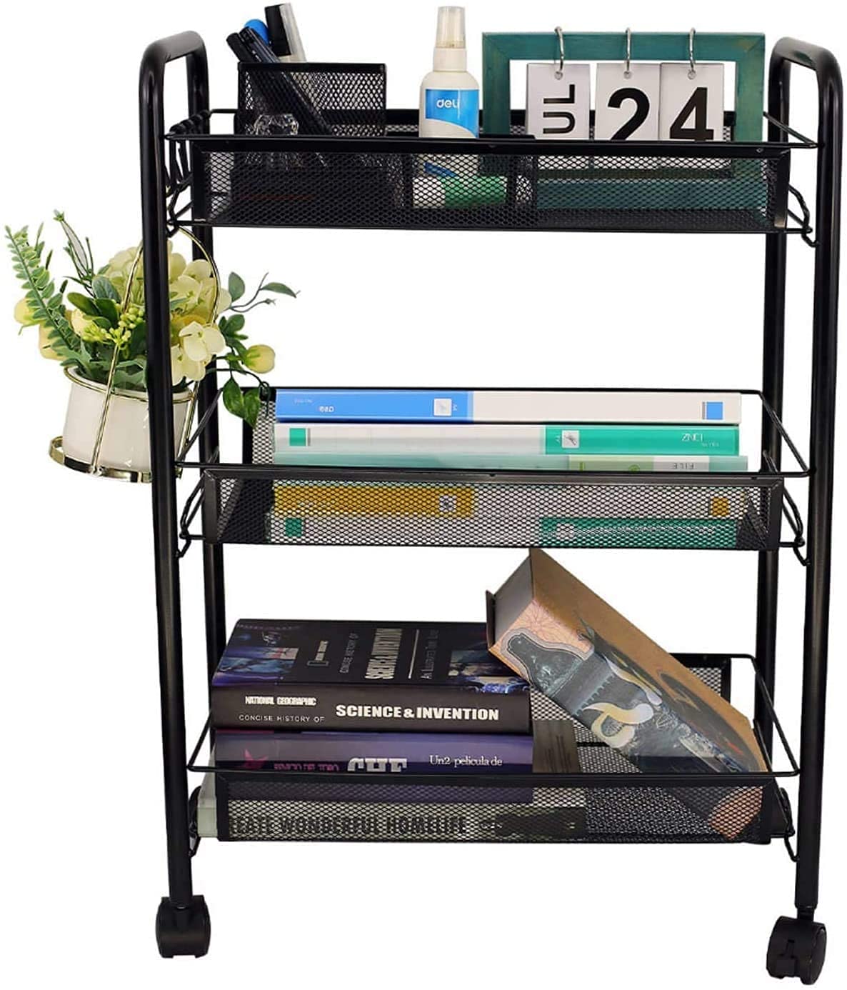 HTLLT 3-Tier Rolling Utility Storage Cart with Wheels - Multi-Purpose Organizer Shelf for Kitchen, Bathroom & Craft Room - Black Mobile Trolley for Home & Office Organization