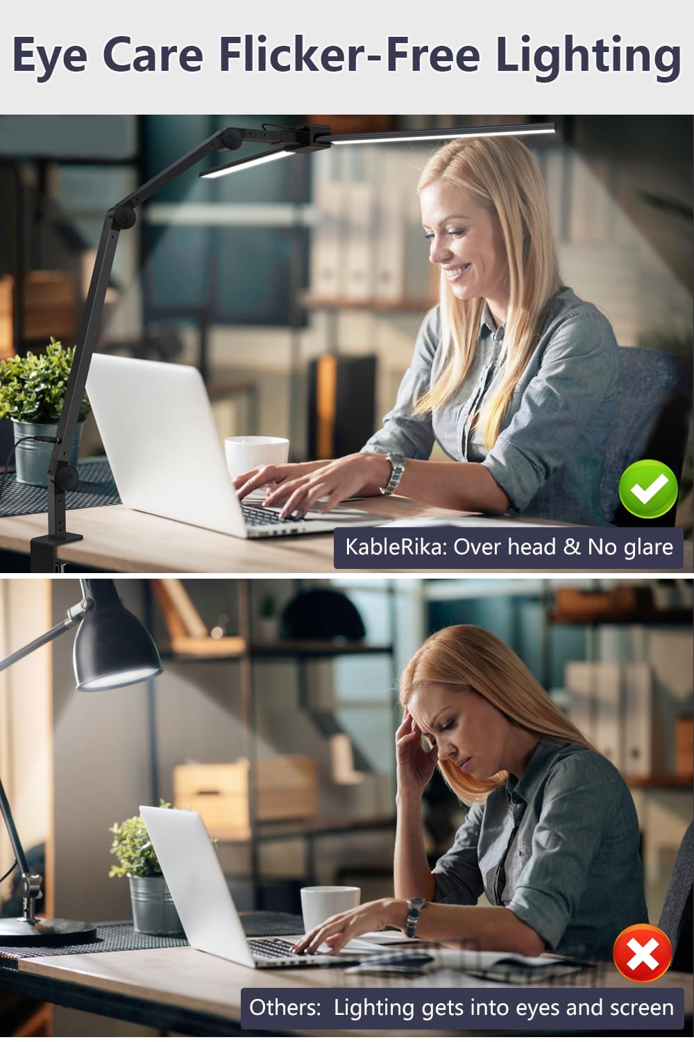 KableRika Dual Head LED Desk Lamp with Clamp - 24W Ultra Bright Architect Table Lamp, 4 Brightness Levels & 4 Color Temperatures, Auto Dimming Task Light for Home Office, Monitor Work, Study and Reading