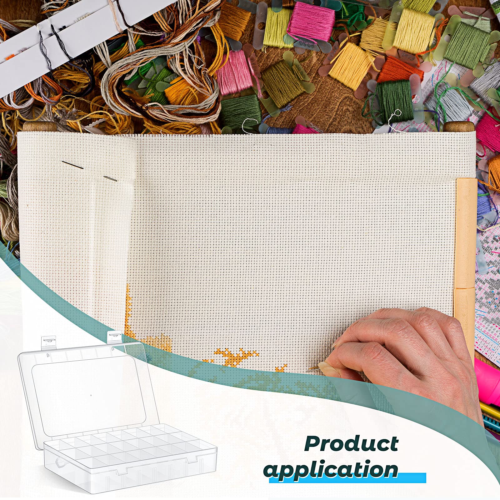 Queekay Embroidery Floss Organizer Box Set - 24 Grid Cross Stitch Thread Storage with 50 Plastic Bobbins & Number Stickers - Perfect for Sewing, Needlework & Craft Organization (4-Pack)