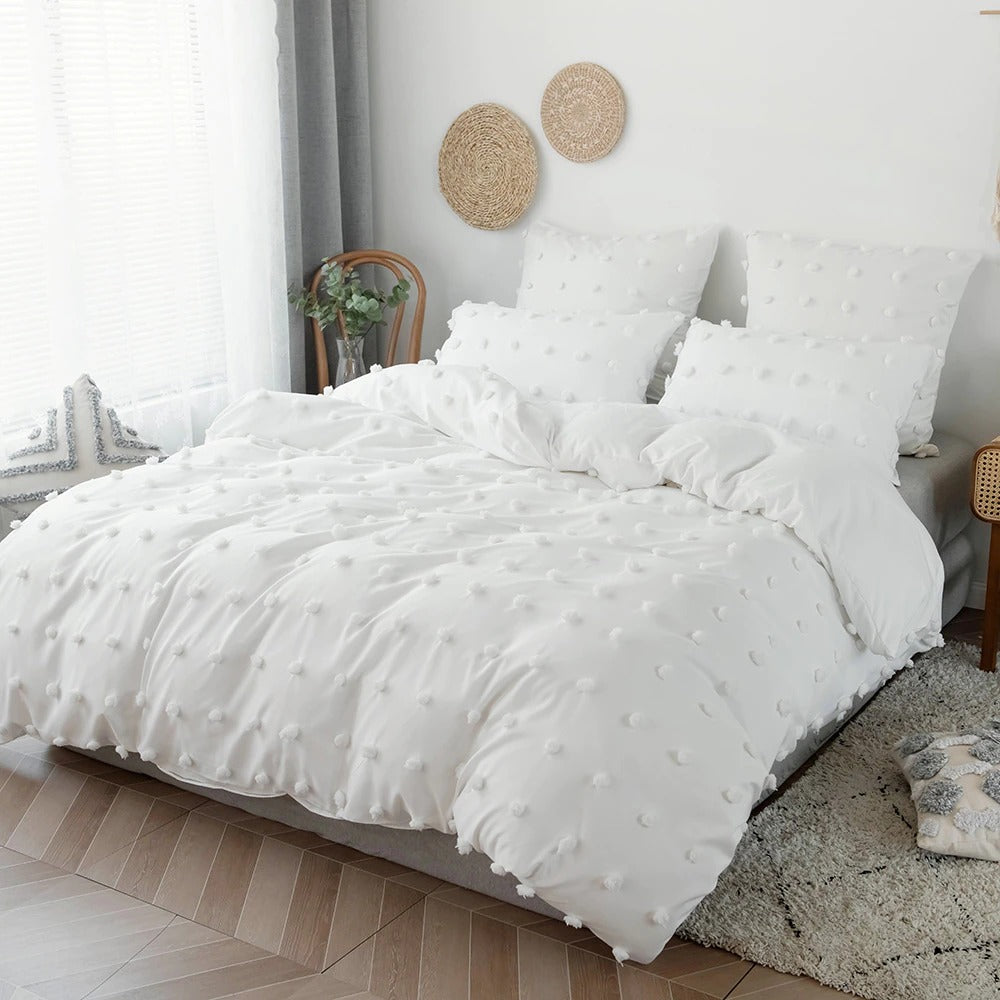 Soft White Pom Pom Bedding Set - Queen Size, 3-Piece Comforter Set with Decorative Pom Poms - Perfect for Cozy Bedrooms, Guest Rooms & Boho Chic Home Decor