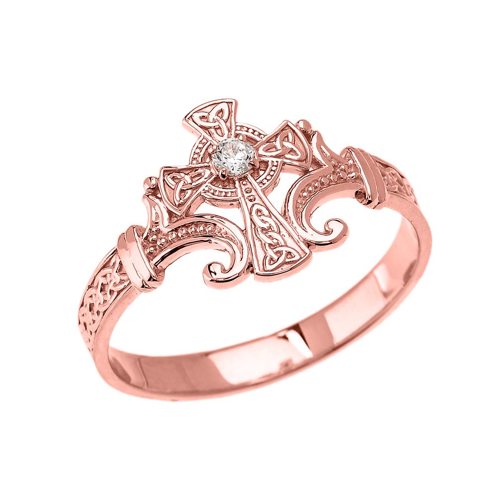 10K Rose Gold Solitaire Diamond Celtic Cross Ring with Trinity Knot Design - Elegant Religious Jewelry for Women - Perfect for Church, Weddings & Special Occasions