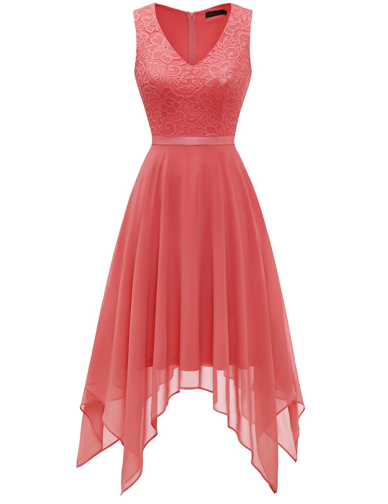 Meetjen Women's Vintage Floral Lace Dress - Handkerchief Hem Asymmetrical Cocktail Party Gown | Elegant Swing Dress for Formal Events, Weddings & Evening Occasions