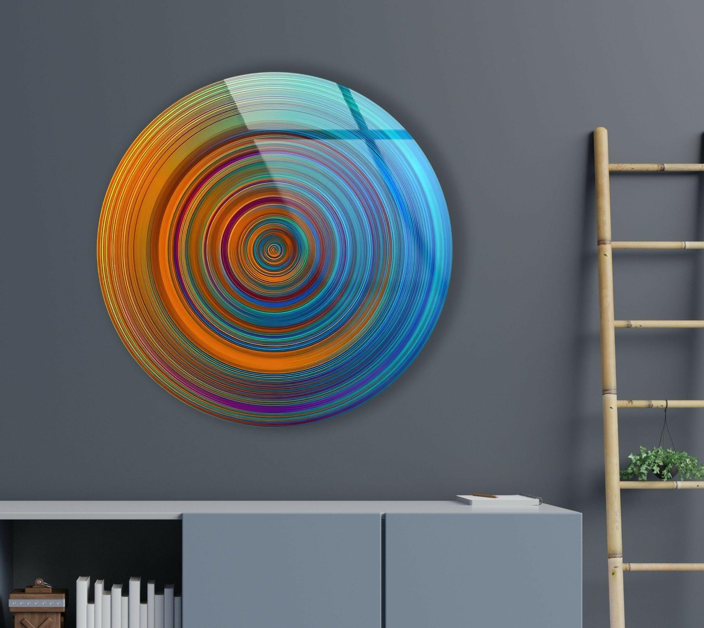 Blue Circles Abstract Round Glass Wall Art - Modern Home Decor for Living Room, Bedroom & Office - Handmade Glass Wall Hangings