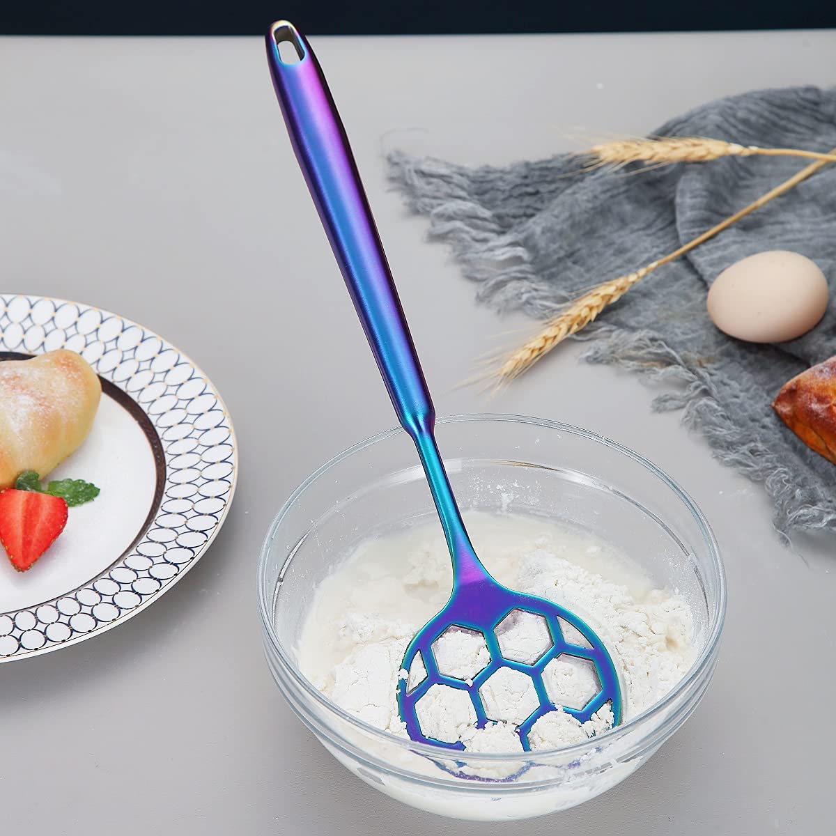 Rainbow Dough Whisk - Stainless Steel Football-Shaped Flat Whisk for Baking & Cooking, Colorful Titanium Plating, Ergonomic Non-Slip Handle, Dishwasher Safe - Perfect for Mixing Cookie Dough, Bread, Pancake Batter & More