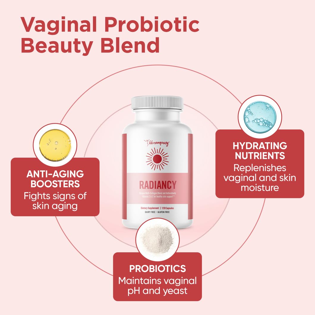 BB Company Radiancy | Vaginal Probiotics for Vaginal Dryness & pH Balance | Supports Intimate Health, Reduces Itch & Odor | Anti-Aging Formula with Hyaluronic Acid, Probiotics, Vitamin C & Multi Collagen | 120 Capsules | For Women's Daily Wellness & Intimate Care