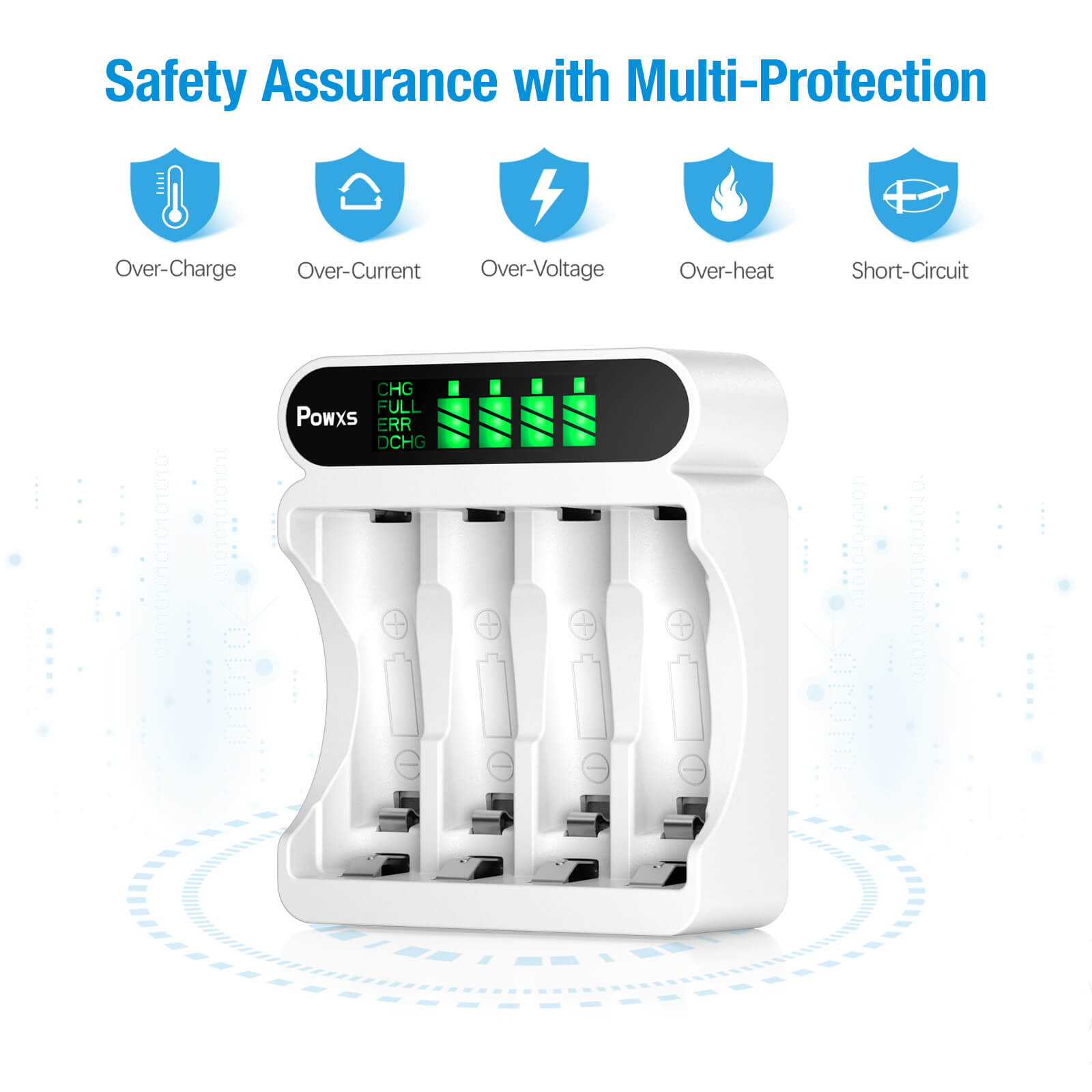 POWXS 4 Bay AA AAA Battery Charger - Fast Charging for Rechargeable Batteries - Perfect for Cameras, Toys, and Home Electronics