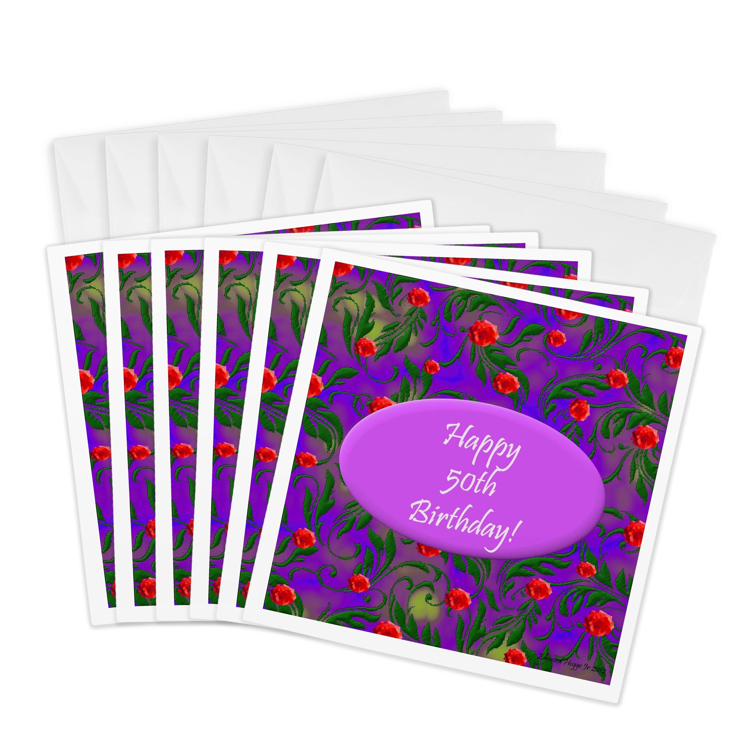 3D Rose Wild Purple 50th Birthday Greeting Cards - Set of 6 Elegant 6x6 Inch Blank Note Cards for Milestone Celebrations, Anniversaries & Special Occasions