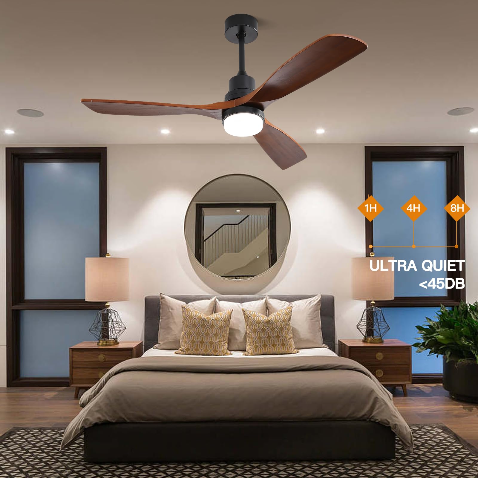 52 Inch Walnut Ceiling Fan with Light and Remote Control - 3 Wooden Blades, Dimmable 3-Color LED Light, 6-Speed DC Reversible Silent Motor for Living Room, Bedroom, and Office