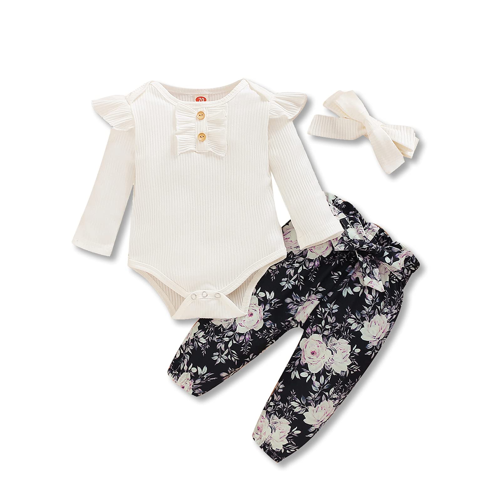Newborn Baby Girl Outfit Set - Floral Ruffle Romper & Pants with Headband | Cute Infant Clothes for Photo Shoots, Parties & Everyday Wear