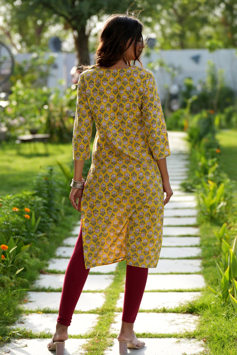 Mustard Garnet Handblock Printed Cotton Kurti for Women - Traditional Indian Tunic Top for Casual Wear & Festive Occasions