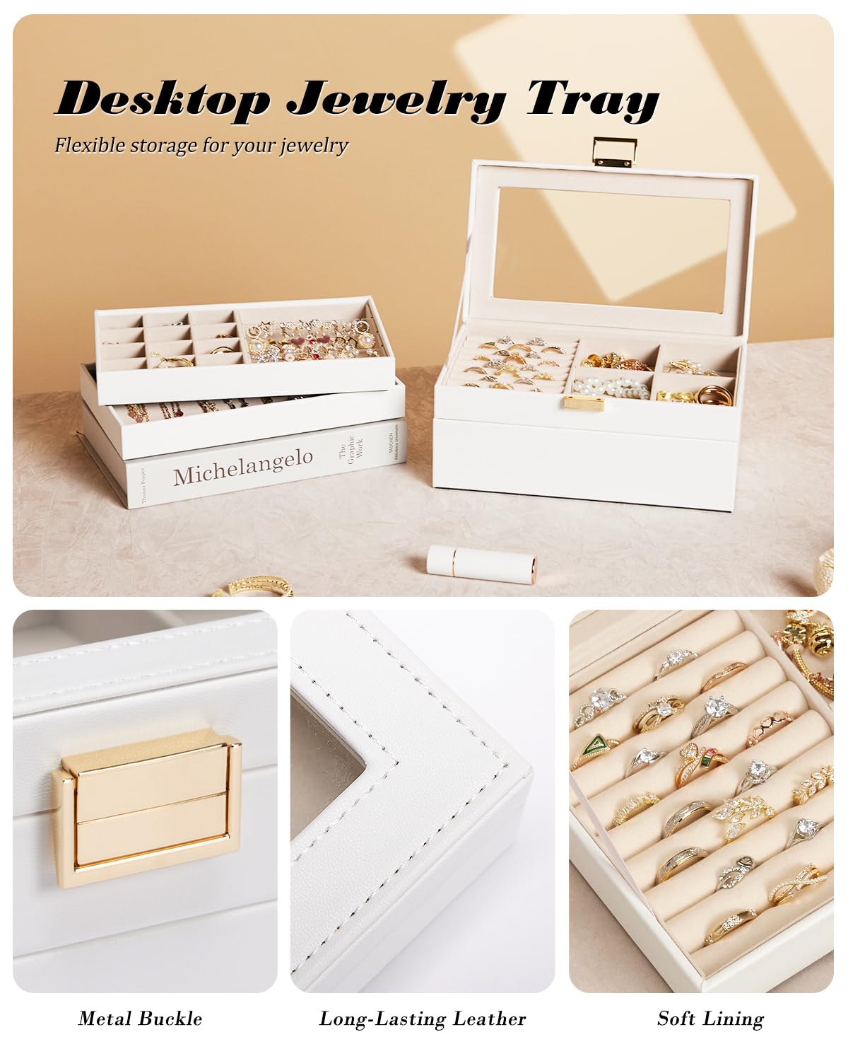 Homde Stackable Jewelry Organizer Box with Glass Lid & Removable Dividers - White Jewelry Tray for Necklaces, Rings, Earrings - Perfect Vanity Table Storage & Gift for Women and Girls