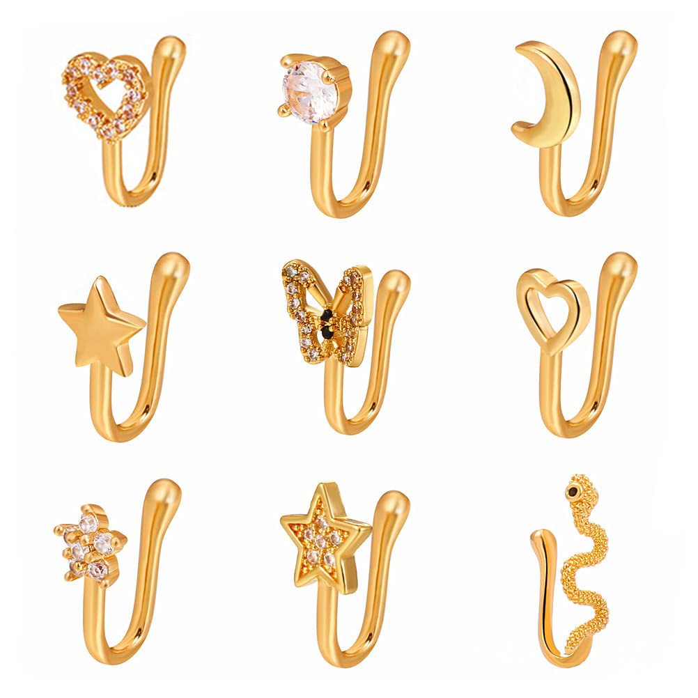 9-Piece Faux Nose Rings Set - Non-Piercing Clip-On Nose Cuff Jewelry for Women & Men - Gold Fake Nose Ring Pack - Perfect for Costumes, Parties and Gifts