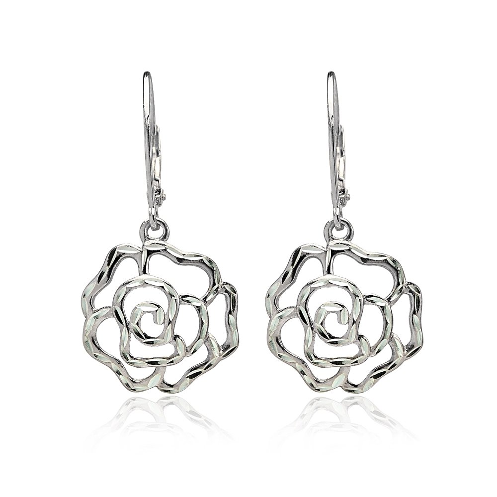 Sterling Silver Diamond-Cut Rose Flower Dangle Leverback Earrings for Women - Elegant Gift for Valentine's Day, Anniversary, Wedding & Special Occasions