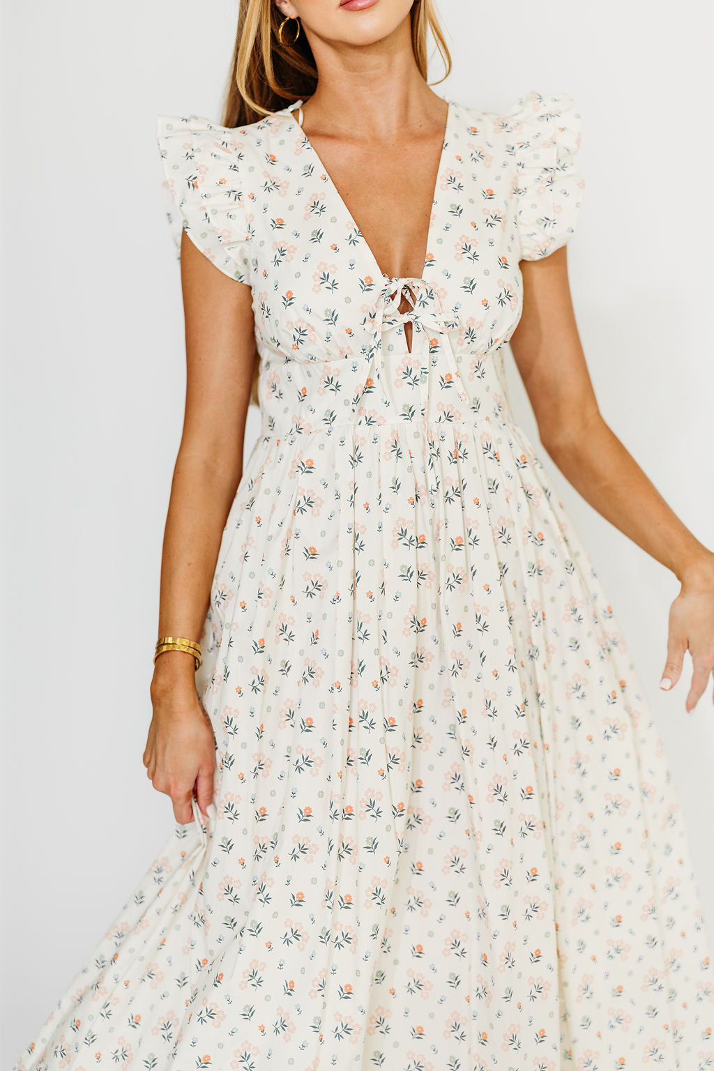 Nicole Women's 100% Cotton Tie-Front Ruffle Maxi Dress - Cream Multi Floral Print | Beach Cover Up, Summer Wedding Guest Dress, Boho Chic Outfit