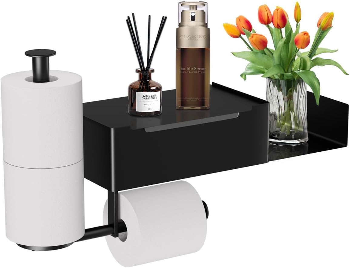 Toilet Paper Holder with Shelf & Flushable Wipes Dispenser - Space-Saving Bathroom Organizer for Toilet Paper & Wet Wipes Storage | Perfect for Small Bathrooms, Powder Rooms & RVs