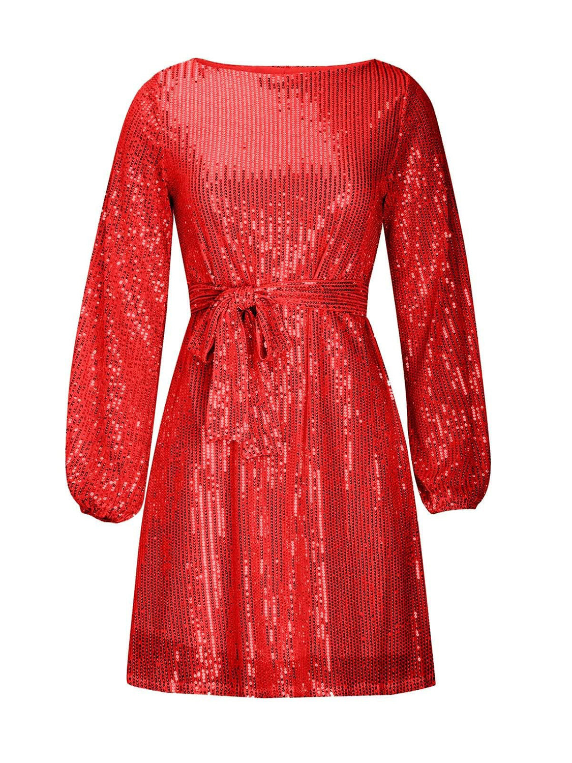 Sequin Tie Waist Long Sleeve Mini Cocktail Dress for Women - Sparkly Party, Evening, Prom & Special Occasion Outfit