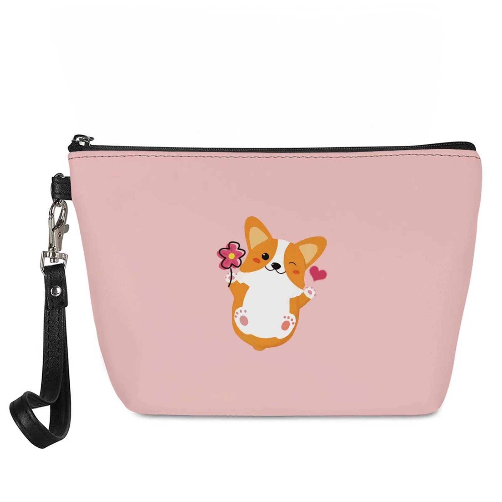 Cute Corgi Print Travel Makeup Bag for Women - PU Leather Cosmetic Organizer with Zipper - Perfect for Toiletries, Travel Essentials & Daily Use at Home, Work or Vacation