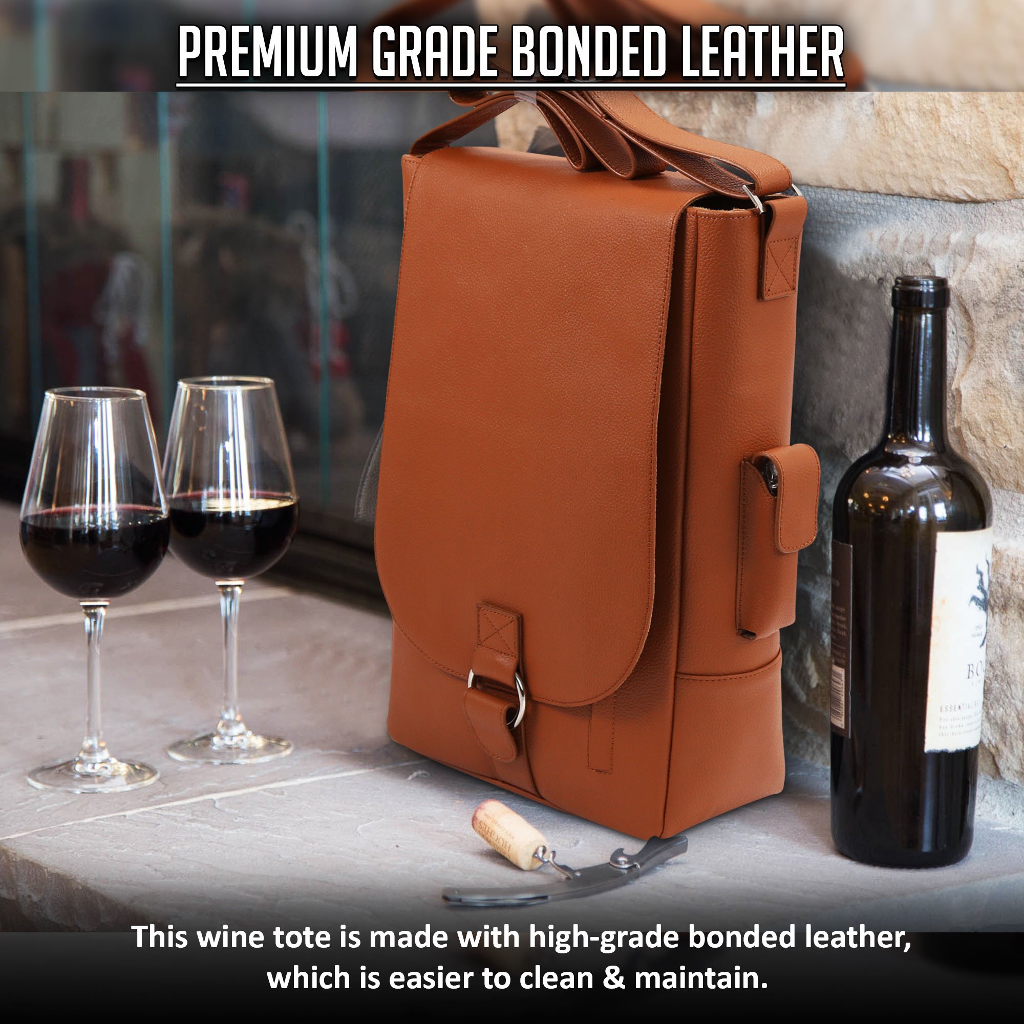 Vino2 Genuine Leather Wine Tote Bag - 2 Bottle Capacity Messenger Style Carrier (Brown) - Perfect for Picnics, Parties & Wine Tasting Events