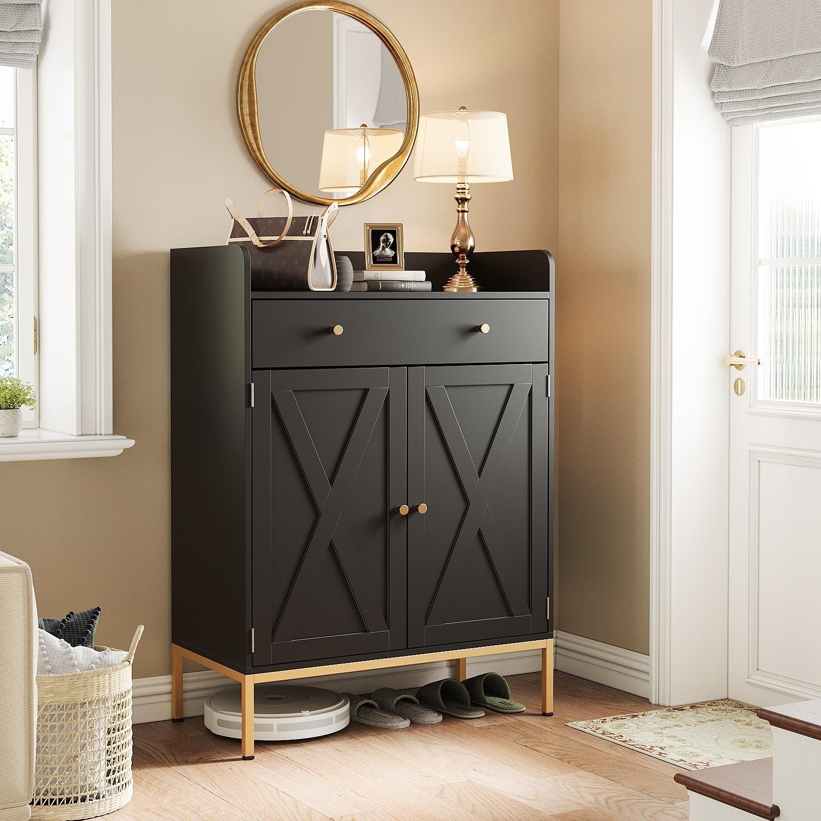 Maupvit 20-Pair Shoe Storage Cabinet with Doors & Drawers - Adjustable Shelves, Metal Legs - 43