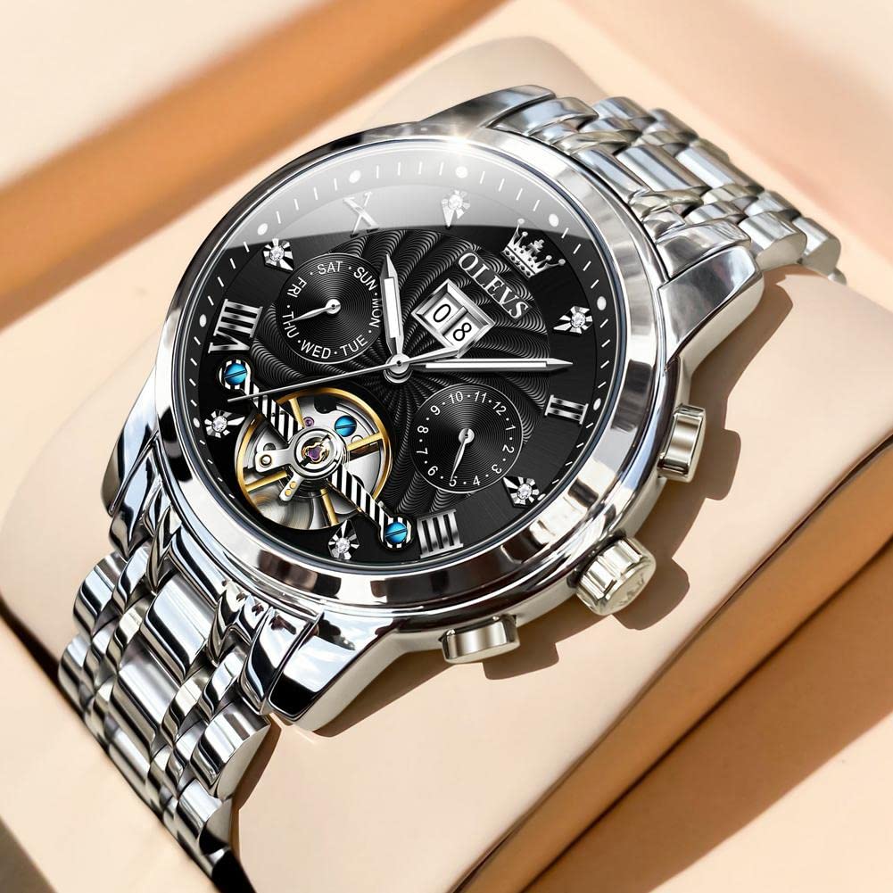 OLEVS Men's Automatic Self-Winding Tourbillon Watch - Luxury Stainless Steel Dress Watch with Luminous Hands & Waterproof Design - Perfect for Business, Formal Events & Everyday Wear