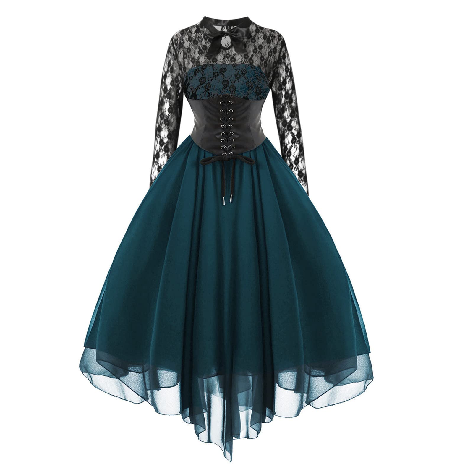 Gothic Vintage Lace Patchwork Dress for Women - Halloween Party, Plus Size Bandage Long Bell Sleeve Dress | Perfect for Cosplay, Gothic Events, and Vintage-Themed Occasions