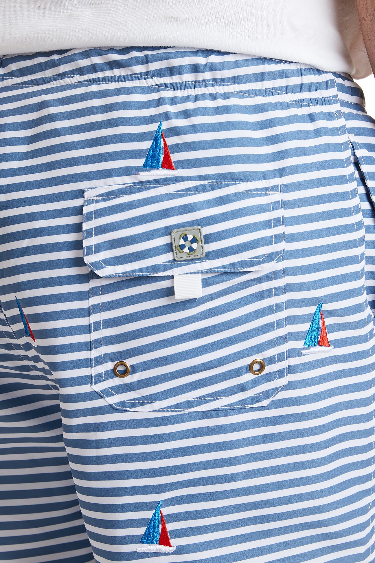 Blue Striped Sandbar Swim Suit with Americana Sailboat Print - Perfect for Beach Vacations, Pool Parties & Summer Getaways