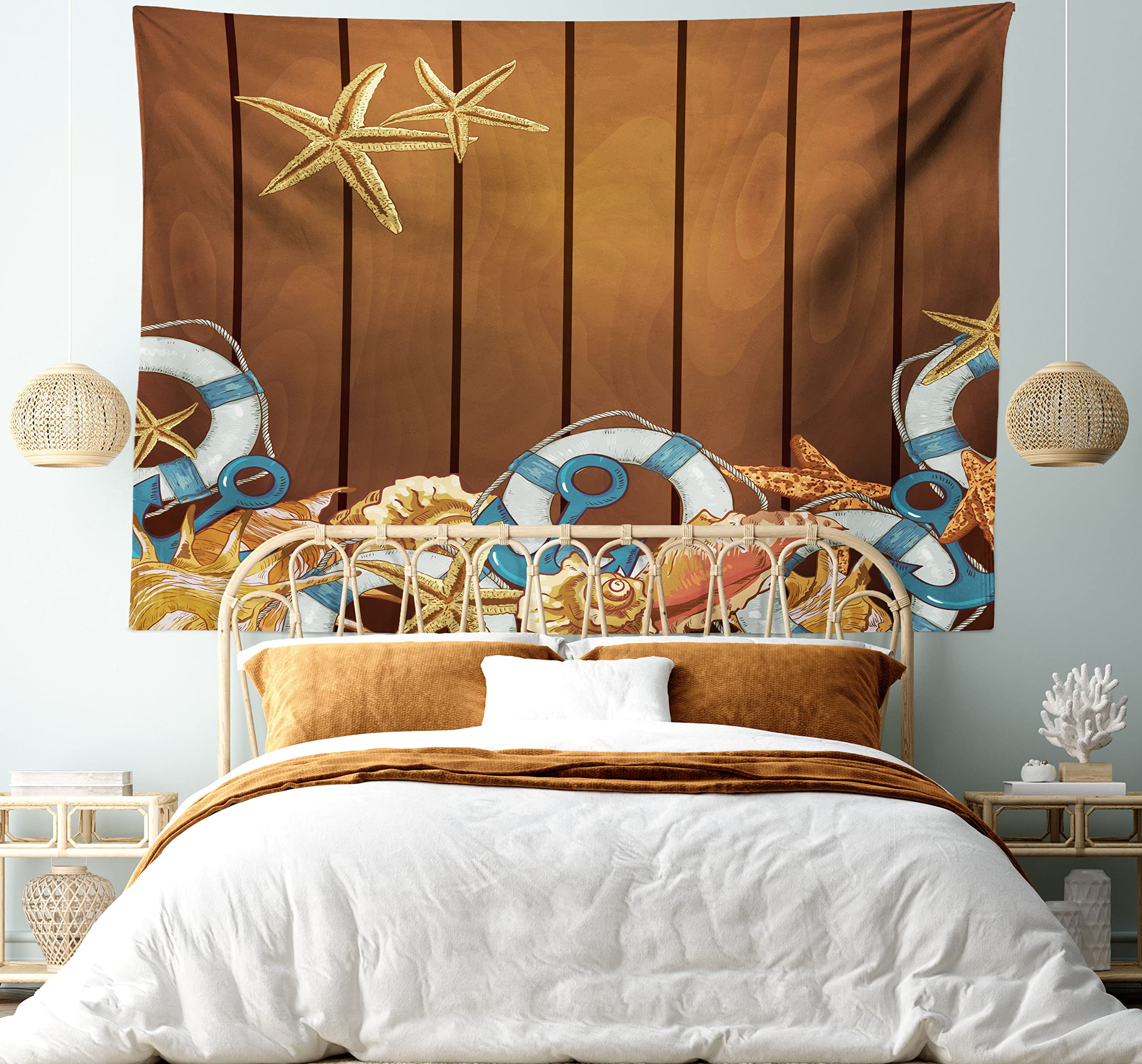 Ambesonne Seashells Tapestry Queen Size - Nautical Wall Hanging with Anchors & Starfish on Wooden Backdrop, Blue White Brown Sea Theme Bedspread - Perfect for Beach House Decor, Bedroom Wall Art, or Coastal Living Room Design