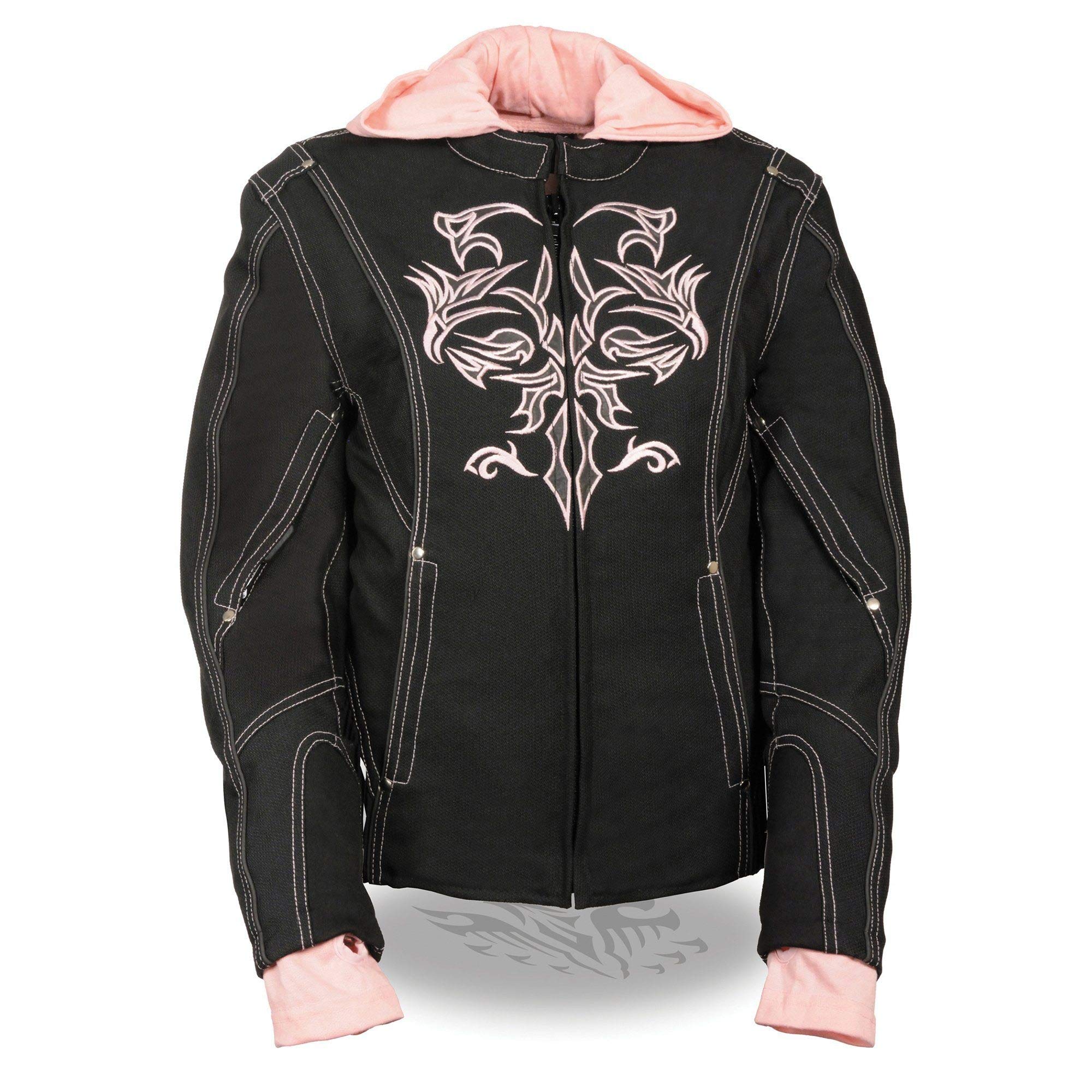 Milwaukee Leather NexGen SH1966 Women's Black & Pink 3/4 Motorcycle Jacket with Reflective Tribal Design & Hood - Perfect for Riding, Commuting & Outdoor Adventures